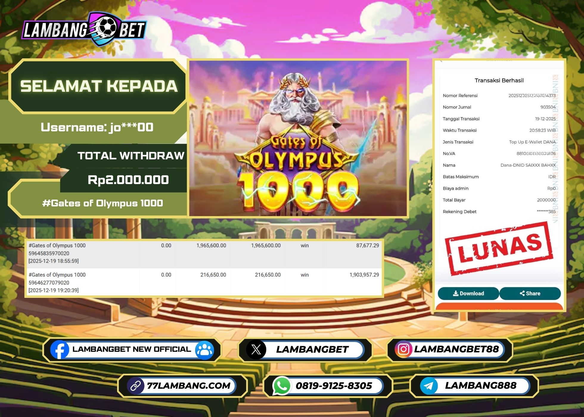 LAMBANGBET [19 DESEMBER 2025] JACKPOT SLOT Gates of Olympus 1000 "Rp2.000.000" LUNAS